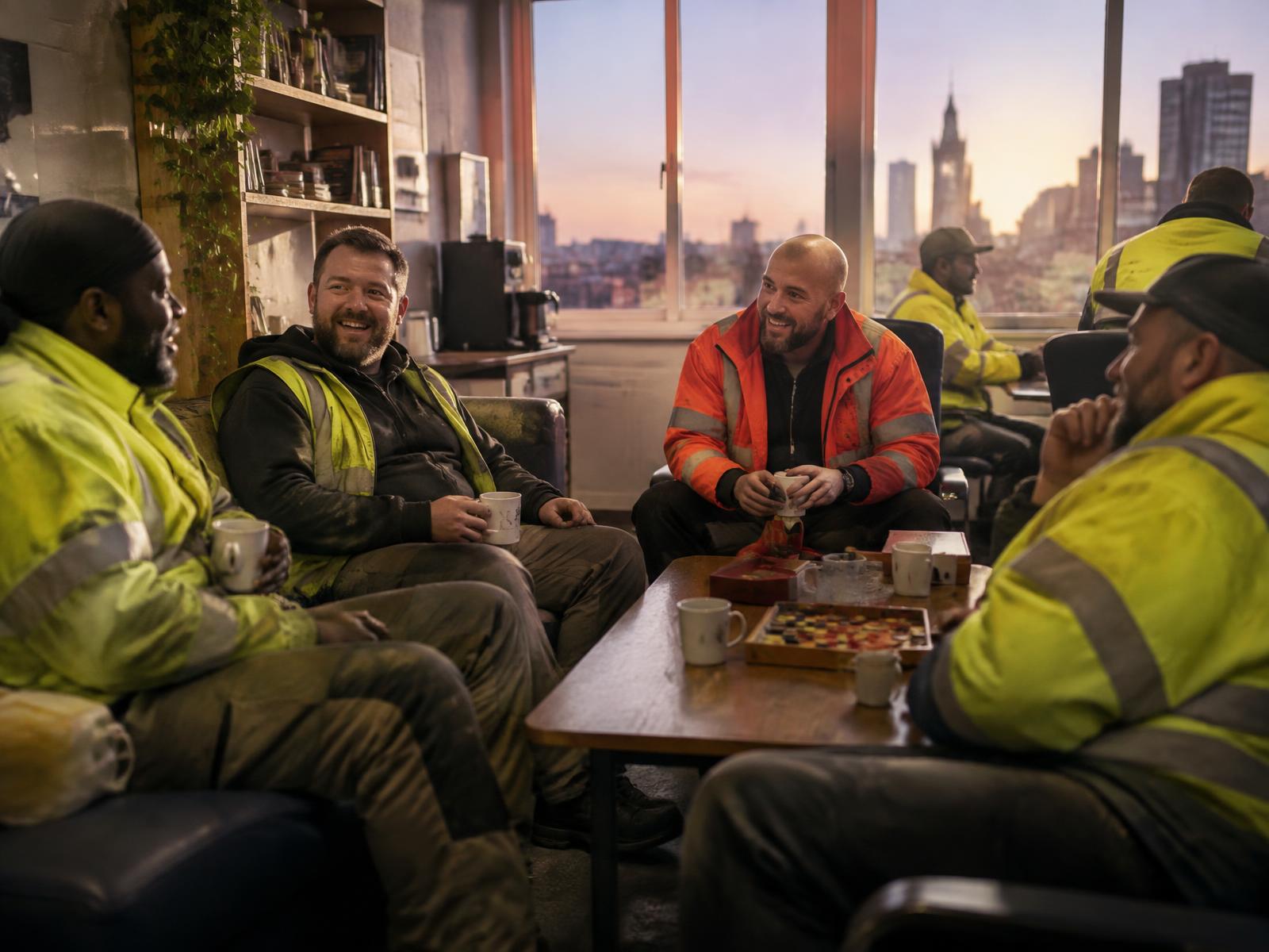 A group of construction workers sitting together with drinks and games in a community space