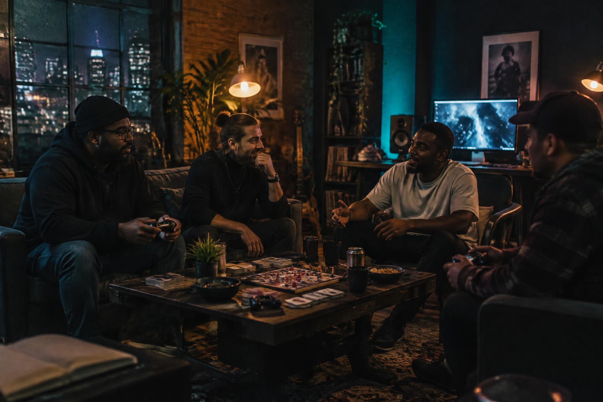 A group of men sitting together playing games and talking in a Birmingham studio